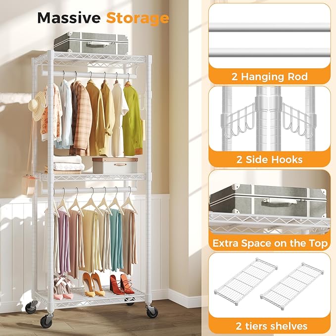 NEWBULIG Heavy Duty Adjustable Clothes Rack with Wheels, Adjustable Rolling Metal Freestanding Garment Closet Organizer with Double Rods & 2 Side Hooks for Hanging Clothes, 29" x 15" x 75", White
