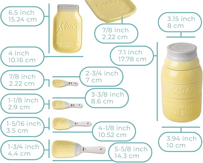 Comfify Mason Jar Kitchenware Set – Yellow Ceramic Decor with 4 Measuring Cups, 4 Measuring Spoons, Spoon Rest