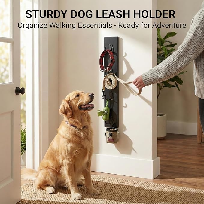 Vertical Key Holder for Wall & Dog Leash Holder – Solid Wood Wall Mount Key Rack with 8 Hooks – Small Space Saving Entryway Organizer for Keys, Lanyards, Masks (Adhesive or Screws) (Black)