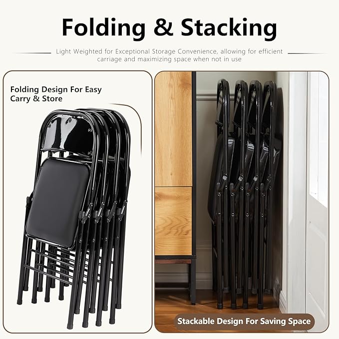 DUMOS 4 Pack Leather Padded Folding Chair, Portable & Stackable Foldable Chairs Sets with Steel Frame, for Indoor Outdoor Events, Home, Office, Party, Black