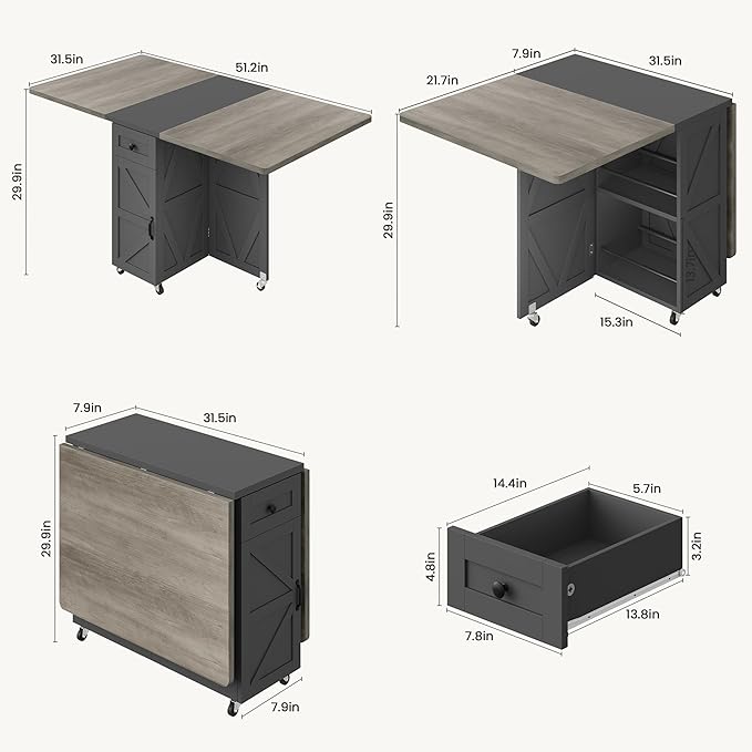 Jocoevol Space Saving Folding Dining Table for 4, Farmhouse Foldable Dining Table with Drawer and 2-Layer Storage Shelf, 6 Wheels Multipose Folding Kitchen Table for Small Space (Carlo Grey)