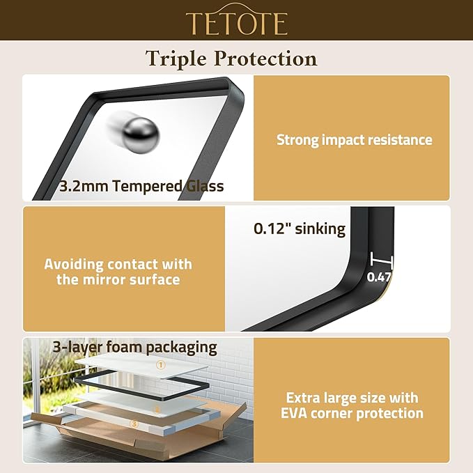 TETOTE Black Mirror 48 x 24 Vanity Mirrors for Wall Decor Matte Black Bathroom Mirrors, Tempered Glass, Modern Farmhouse Wall Mounted Mirror for Decorative(Horizontal/Vertical)