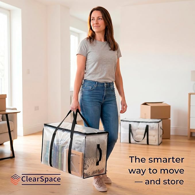 ClearSpace Oversized Moving Bags or Storage Bag – Large Moving Boxes with Backpack Straps, Zippers & Handles – Heavy-Duty Packing Bags for Moving, College Dorm, Christmas Decorations, 6 Pack