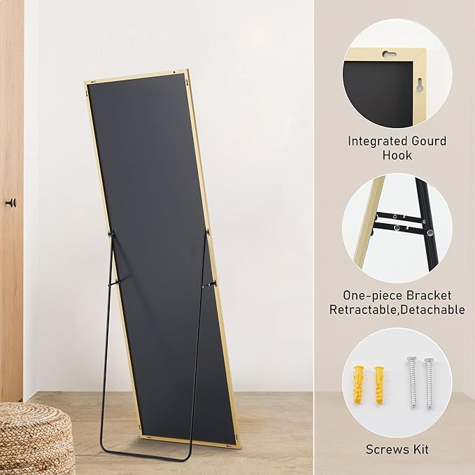 OLIXIS Full Length Mirror for Bedroom, 68"x26" Full Body Mirror with Stand, Hanging or Leaning for Wall, Aluminum Alloy Thin Frame Floor Standing for Living Room, Long, Gold