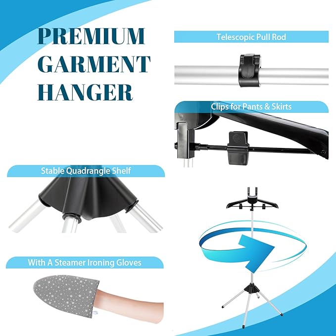 Garment Steamer Rack & Garment Steamer Ironing Glove for Steaming Clothes, Adjustable Garment Hanger Standing Handled Mini Ironing Board, Hanging Steamer Ironing Accessories for Clothes, Black