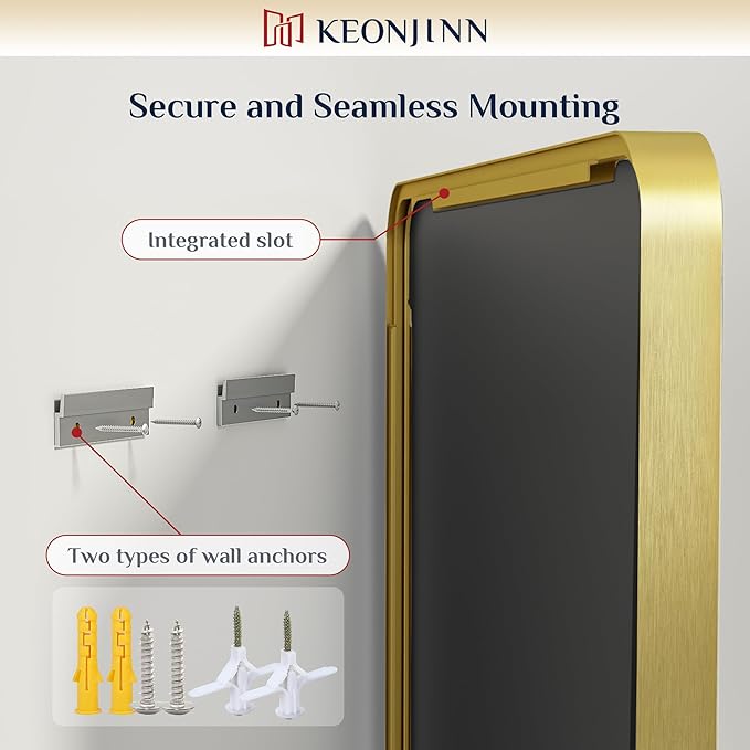 Keonjinn Gold Bathroom Mirror for Over Sink, 30" x 30" Brushed Brass Mirror, Large Rounded Rectangle Gold Vanity Mirror with Metal Frame, HD Tempered Glass Square Wall Mirror(Horizontal/Vertical)