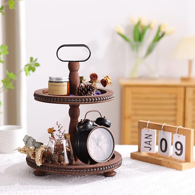 Urban Deco Wooden Decorative Tray Two Tiered Tray Decorations Round Serving Tray with Metal Handle, Wooden Cupcake Stand for Party Tiered Dessert Stand - Dark Brown Farmhouse Wood Tray