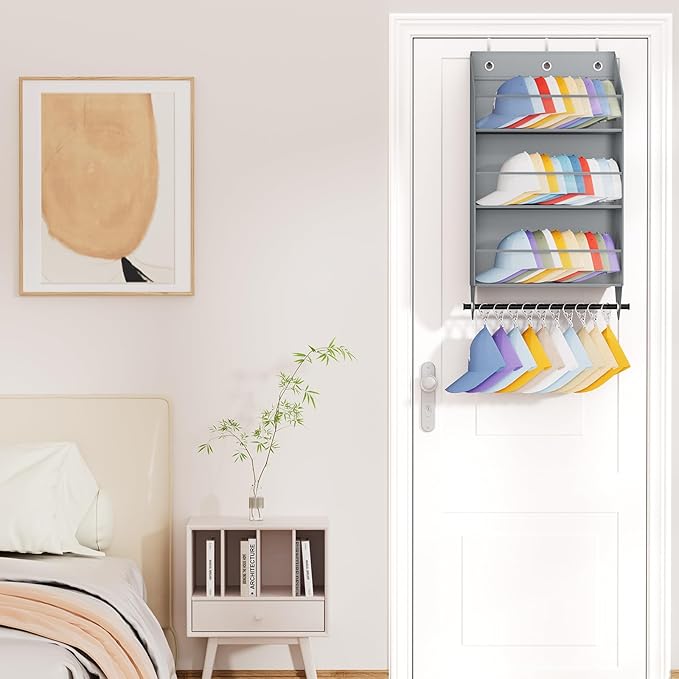 Homsorout Over the Door Hat Rack - 3-Layer Design Hat Organizer Holds 30-36 Hats with 10 Hooks, Ideal Hat Rack for Door, Over the Door Organizer for Closet, Apartment, Bedroom, Dorm, 1 Pack, Grey