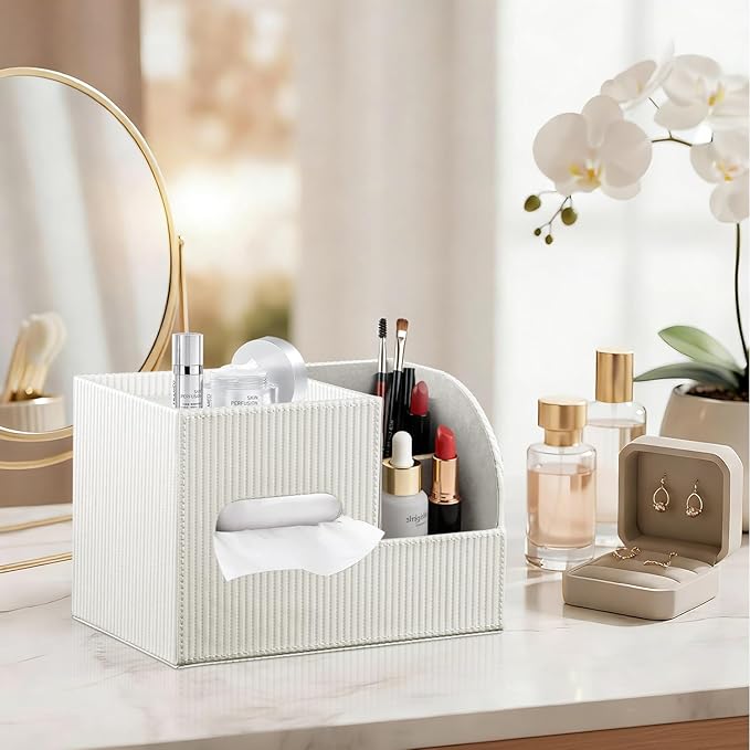 Modern PU Leather Cube Tissue Box Cover with Storage Tray, Multifunctional Remote Control Holder & Facial Tissue Dispenser Organizer for Nightstand, Bathroom, Bedroom, Office & Home Decor