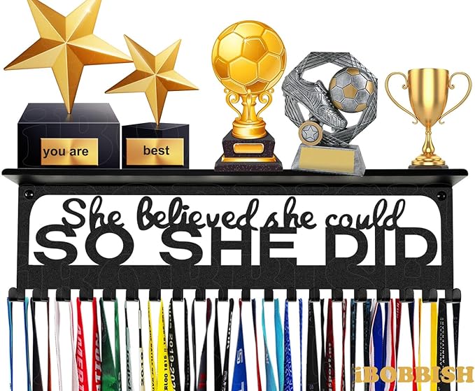 iBobbish Metal Medal Hanger Display,Non-Slip Trophy Shelf with 20 Hooks,Wall Mount,Heavy Duty,Non-Bent,Holds 22-33lbs,for Gymnastics,Race,Soccer,Swim
