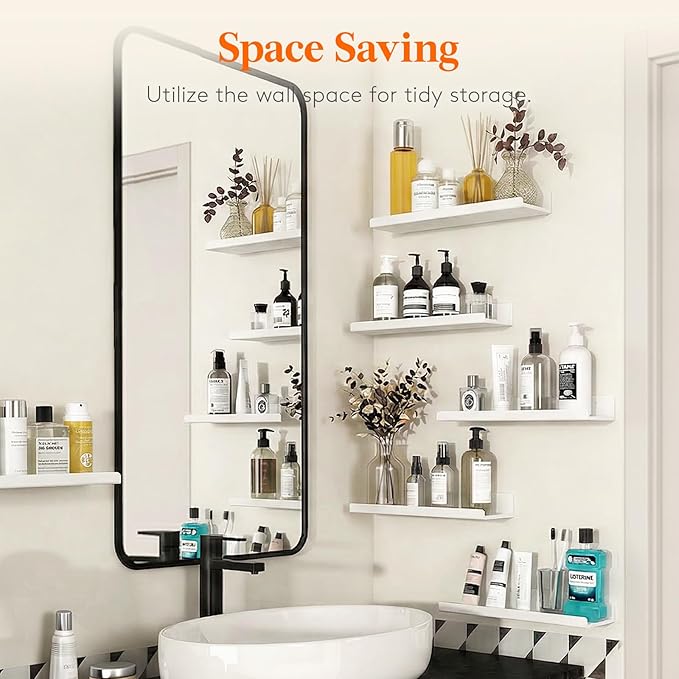 Lifewit Floating Shelves for Wall, Acrylic Display Shelf Wall Mounted for Figure, Car, Art, Book, 14" Perfume Organizer for Bathroom, Bedroom, Living Room, Nursery, Home Decor, White, 8 Pack