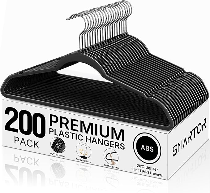 Smarter Plastic Hangers 200 Pack - Thin Hangers Non-Velvet with 360° Swivel Chrome Hook & Notches, Sweater Hanger No Shoulder Bump - Ideal for Dresses, Coats, Shirt, Jacket, Sweater - Black