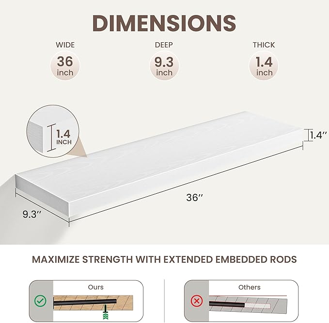 36 Inch Black Floating Shelves for Wall,9.3" Deep Long Floating Shelf Set of 2,Wood Wall Mounted Shelves Farmhouse Home Decor,Wall Storage Shelf for Bathroom Bedroom Living Room Kitchen Office,White