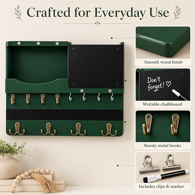 Key Holder for Wall Mount with Shelf and Mail Organizer, Key and Mail Holder with 16 Hooks, Farmhouse Entryway Organizer, Home Decor Rack (Pine Wood,Green)