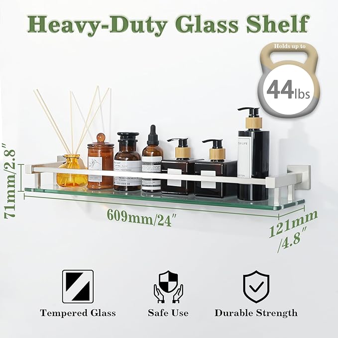 Alise Glass Bathroom Shelves Wall Mounted, 24 Inch Tempered Floating Shelves Bathroom, Stainless Steel Bathroom Glass Shelf