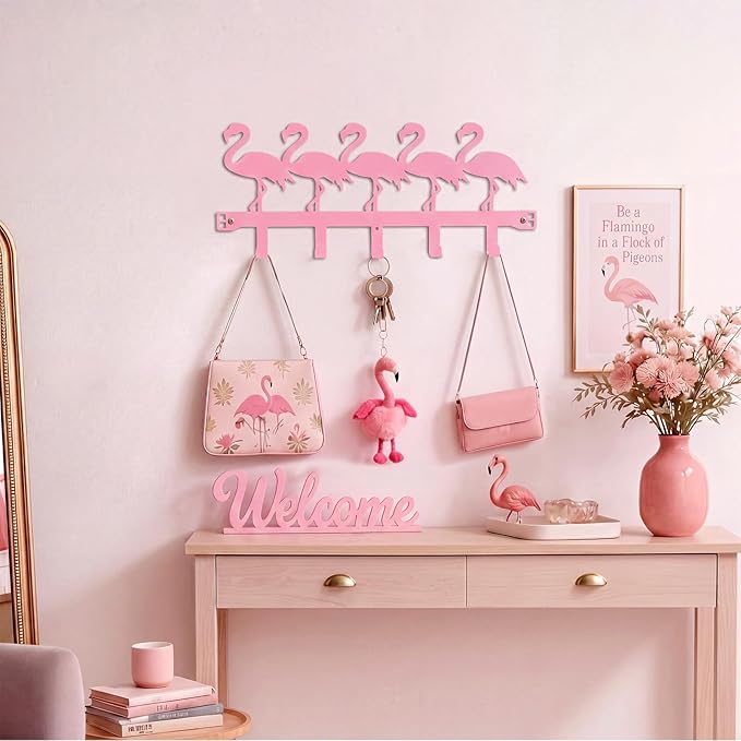 AceOrbit Pink Flamingos Over the Door Hooks Hanger Wall Mount Towel Hanger Door Holder Organizer 5 Hooks Farmhouse Rustic Kawaii Decor for Bedroom Bathroom Towel Hat Clothes