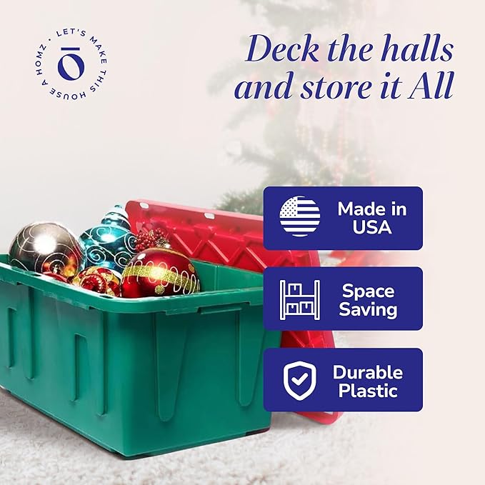 HOMZ 2-Pack Durabilt, Heavy Duty Plastic Storage Bins with Lids, 27 Gallon, Green/Red - Stackable Container Boxes for Holiday, Attic, and Garage Organization
