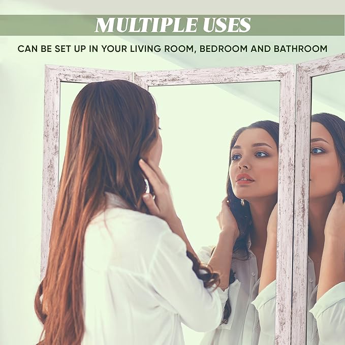 Houseables Trifold Mirror Full Length, 3 Way Mirror, Floor Length, Three Way Folding, Standing, Full Body, Wood Framed, 3 Sided for Bedroom, Makeup, Oversized, Foldable, White, 71 x 32 to 65 Inch