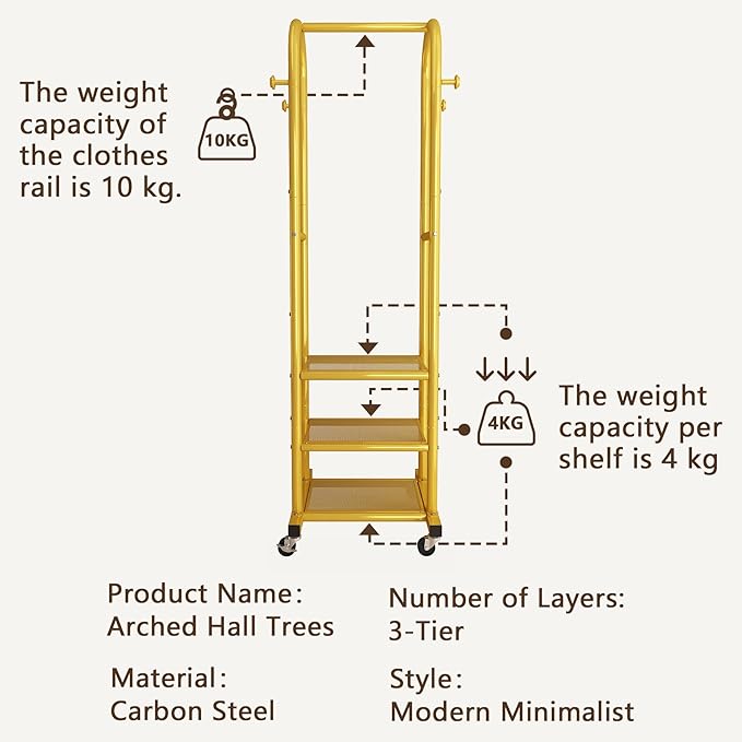 Dttwacoyh Hall Tree with Hanging Hooks,Gold Metal Decorative Freestanding Garment Rack on Wheels,3-in-1 Narrow Entryway Storage for Small Space,Suitable for Hallway,Bedroom and Bathroom,Gold