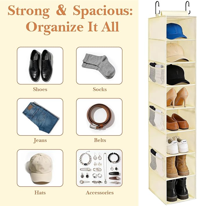 Hanging Shoe Organizer for Closet with 8 Shelves,Mesh Pockets-Wider Hanging Shelves for Shoes,Clothes,Hats With Sturdy Bamboo-Supported Design (Beige)
