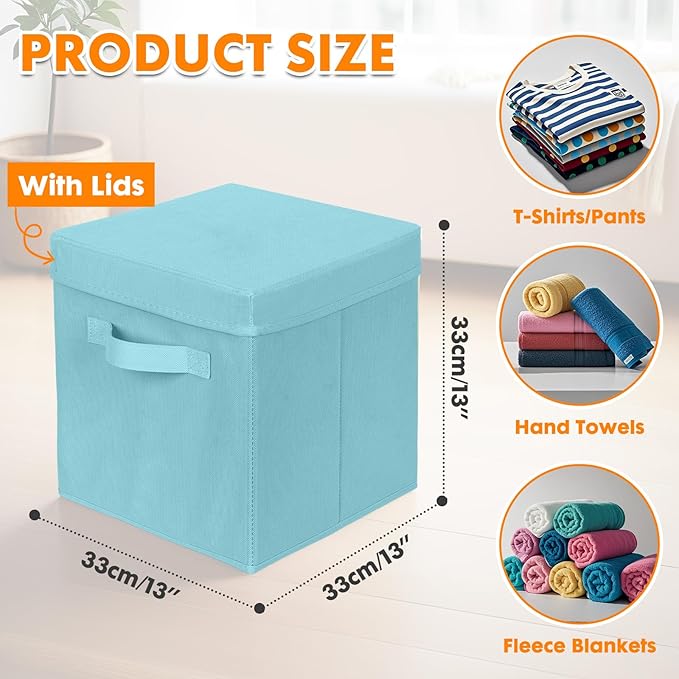 ShellKingdom Storage Bins, Foldable Fabric Storage Cubes with Lid, Clothes Storage Organizer Drawer For Closet Toys Storage, 13 X 13 X 13 INCH, 2 Pack (Light Blue)