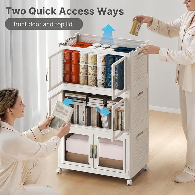 UAMFURI Stackable Storage Bins with Lids, Clear Doors, Large Storage Cabinet Foldable Collapsible Closet Organizers for Bedroom Dorm Office (1, White, 48, Quarts)