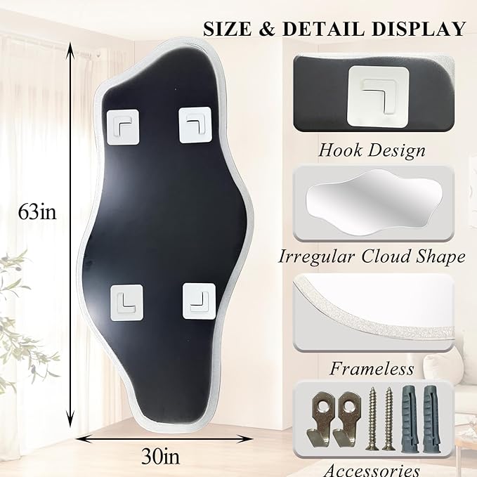 Large Irregular Mirror, 63"x30" Silver Asymmetrical Tempered Glass Mirror, Modern Organic Frameless Wall Mirrors for Living Room Bedroom Hallway Entryway, Horizontal or Vertical Hanging