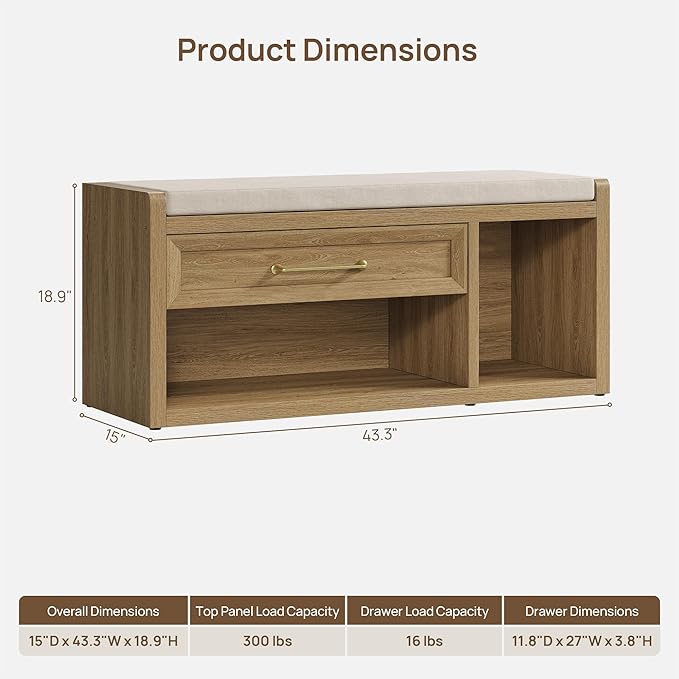 SICOTAS Shoe Benches with Storage Set of 2, Farmhouse 86.6" Extra Wide Entryway Benches with Cushion, Drawer & Tall Boot Shelf, 18.9" Comfort Height Seat for Hallway Bedroom Mudroom,Brown Oak