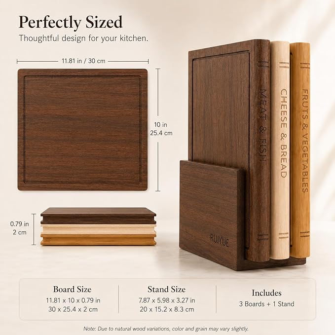 Book Shaped Cutting Board Set with Walnut Stand, 3 PCS Wooden Cutting Boards (13"x10"), Maple Sapele & Bamboo Charcuterie Serving Boards, Decorative Kitchen Decor Gift for Housewarming (1Set)