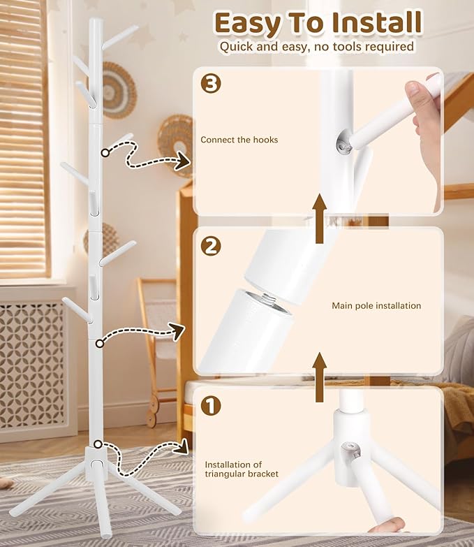 Beech Wood Kids Coat Rack - Adjustable Height Stand with 9 Hooks, Freestanding Children's Clothing Organizer for Hallway, Bedroom, Easy Assembly, White