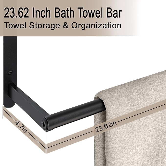VOTZAAQ Towel Racks for Bathroom, 24 in Black Towel Shelf with Double Towel Bar, 3 Tier Stainless Steel Towel Storage, Bath Towel Holder Wall Mounted for Lavatory Organizer Decor RV Camping