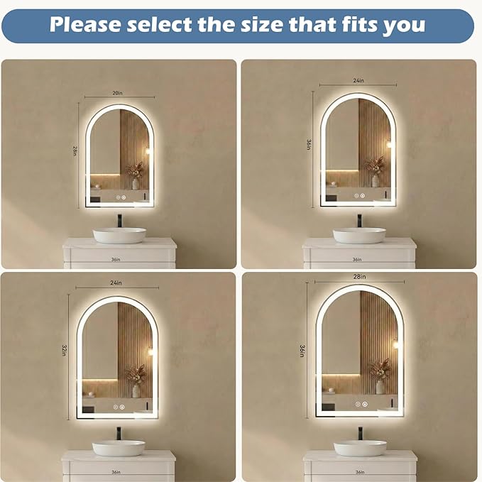Sweetcrispy 28"×36" LED Arched Bathroom Mirror with Lights, Arched Lighted Bathroom Vanity Mirror with Anti-Fog, Dimmable, 3-Color Light, Memory Function, Tempered Glass