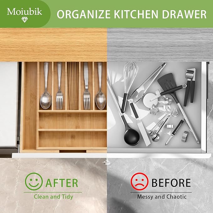 Bamboo Expandable Silverware Drawer Organizer, Adjustable Utensil Tray Cutlery Holder for Kitchen Drawer, Flatware Storage Organizer for Spoons, Forks and Knives, Natural 7 Slot