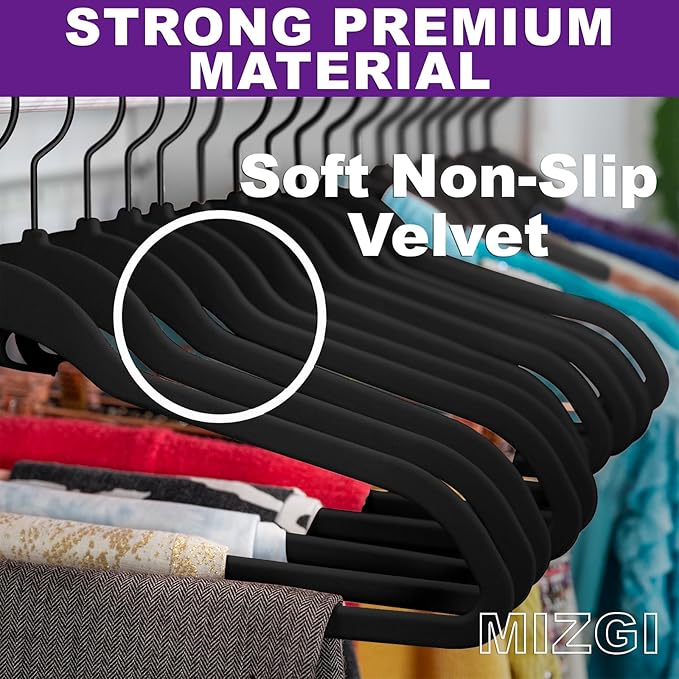 MIZGI All Black Velvet Hangers 60 Pack,Premium Flocked Clothes Hangers Non-Slip Felt Hangers,Sturdy Black Hangers Heavy Duty Coat Hangers,Durable Suit Hangers for Space Saving, No Hanger Marks