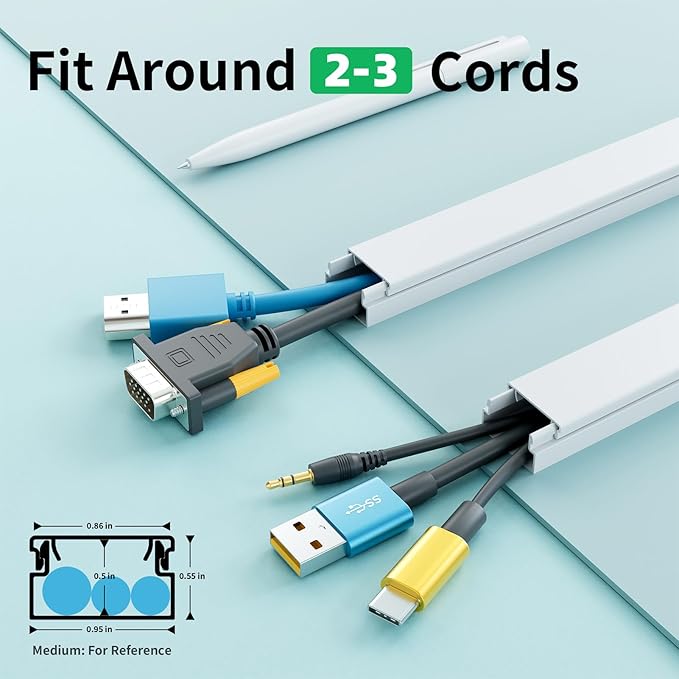 Delamu Cord Hider, 100in Self-Adhesive Cord Cover Kit for Wall Mounted TV, Paintable Wire Hider, Flexible Cable Management System, Cable Raceway Conceals 2-3 Wires, W0.95 H0.55in, White