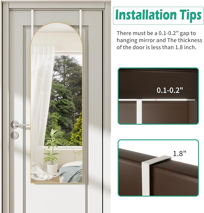 Over the Door Mirror Full Length,48"x14"Door Hanging Mirror Full Length Arch Mirror,Behind the Door Wall Mirror,Back of Door Mirrors for Closet Bedroom Living Room (Gold)