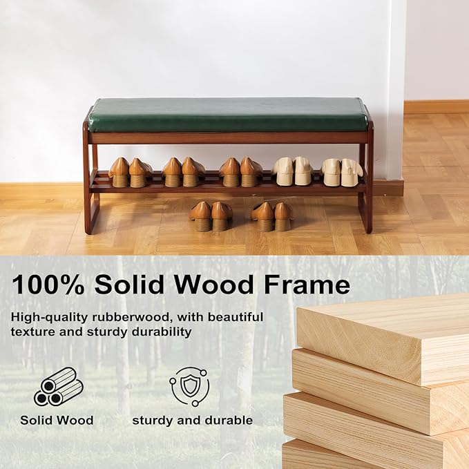SOBIBO Solid Wood Shoe Bench, 2-Tier Wooden Entryway Bench, Modern Shoe Rack with Faux Leather Cushion for Hallway, Living Room (Green, 39.4'')