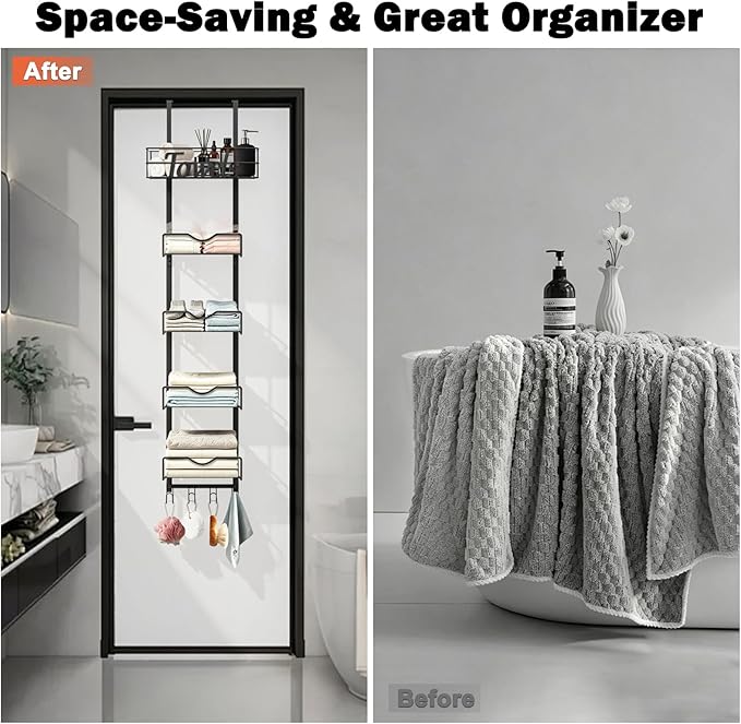 Over The Door Towel Racks, No Drill Towel Storage with Basket & Hooks, Space-Saving Multi-Functional Towel Holder for Bathrooms, bedrooms, Apartments, RVs (Matte Black, 6 Tier)