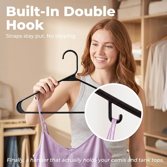 HOUSE DAY Black Plastic Hangers 10 Pack, Plastic Clothes Hangers with Built-in Hooks, Durable and Strong Coat Hanger for Closet, Space Saving Clothing Hanger for Shirts, Coats, Skirt, Dress