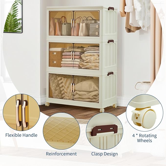 GarveeHome 378QT Stackable Storage Bins, Folding Storage Box with Magnetic Doors & Wheels, Loset Organizers and Storage with Lids, Collapsible Plastic Drawers for Bedroom Kitchen Office, White