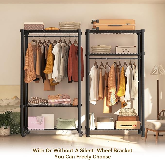Moogiitools Heavy Duty Rolling Garment Rack 3 Tiers Adjustable with 25mm thick iron pipe,Freestanding Wardrobe Closet Storage Metal for Clothing Hanging （Set of 4 Brake Caster Wheels Included)