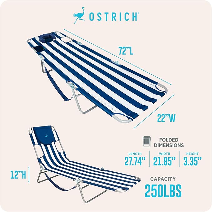 Ostrich Beach Lounge Chair, Folding & Reclining Outdoor Chaise Lounger, Blue/White Striped - Portable Adjustable Recliner Chair for Lawn, Pool, Patio, Garden, and Yard