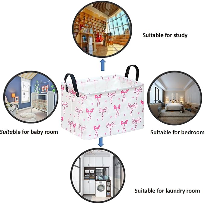 Storage Bin for Shelves Rectangle Closet Baskets Foldable Box with Handles, Pink Bowknot Storage Basket, Storage Boxes for Home Office Car Dormroom