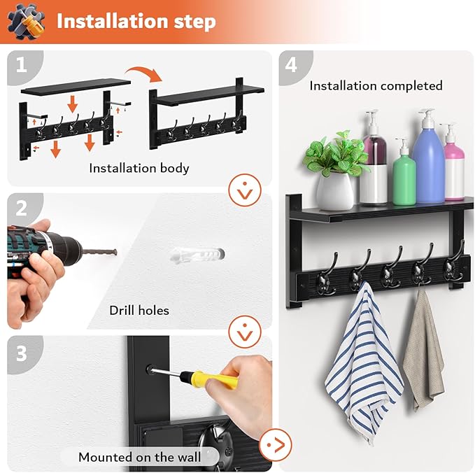 Oraich Wall Hooks with Shelf, Coat Rack Wall Mount, Entryway Hanging Shelf for Clothes Backpack Key Purse, Shelf with Hooks Hanging in Living Room, Bathroom, Bedroom, Kitchen