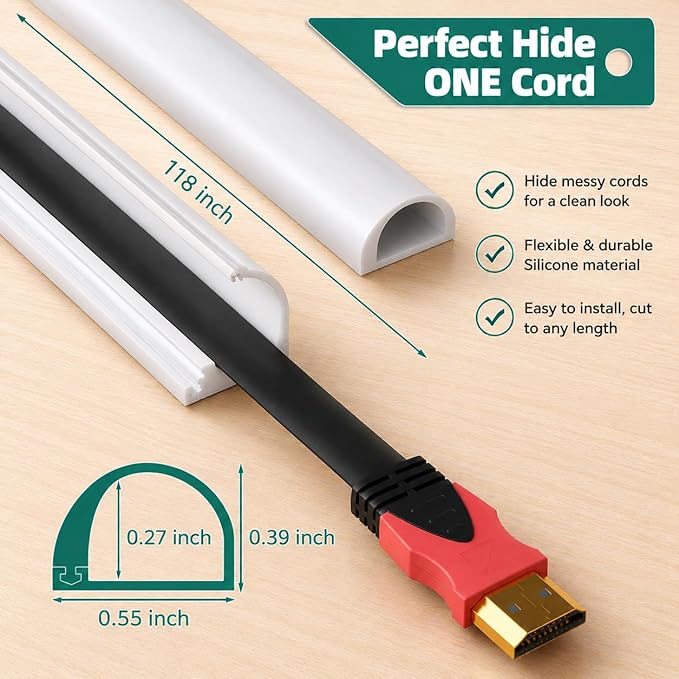 Cord Hider Raceway Kit, 118 inch Wall Cable Hider for 1 Cable, Silicone Material Hiding Wall Mount TV Powers Cords in Home Office, W0.59 H0.39in White