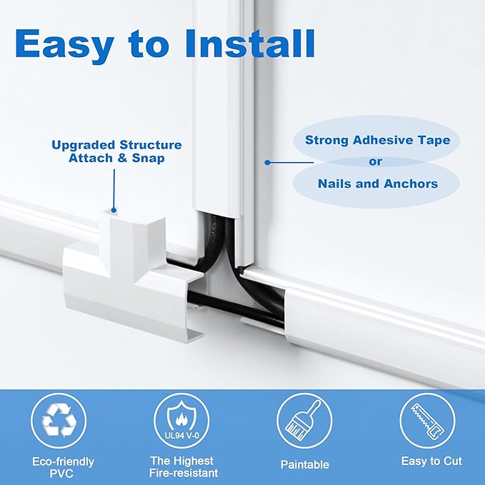 ZhiYo Wall Cable Hider, Cord Hider to Hide 2-3 Cords, TV Wire Hider for Wall, 204in Cable Management Kit, 12 x L17in Cable Raceway White, Paintable Cable Concealer, W0.98in x H0.5in