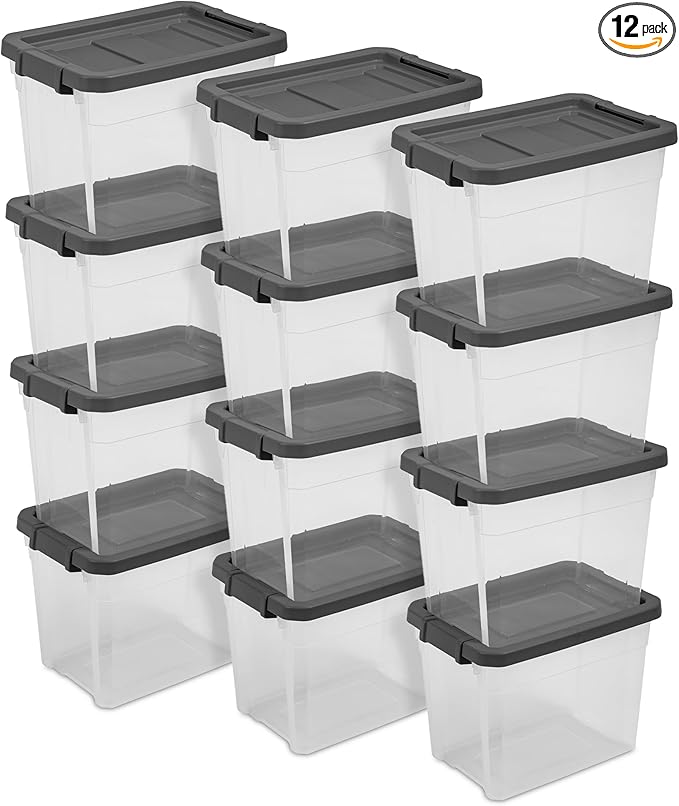Sterilite 12-Pack Modular Stacker Box, Durable Clear Plastic Storage Bins with Latching Lids, 30 Quart - Stackable Organizing Container Boxes for Closet, Bathroom, and Office