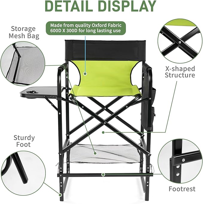 Outvita 4 Piece31 Tall Directors Chair Height Seat Folding with Side Table Storage Bag, Support for 300Lbs Portable Makeup Artist Chair with Bar Height(Green/Black)