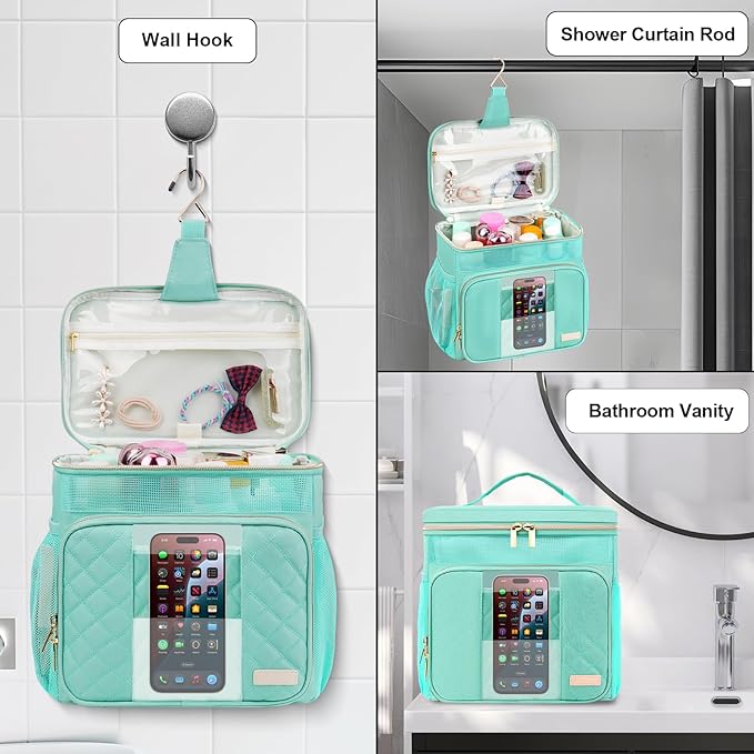 Portable Shower Caddy College Dorm Essentials(Full Size Bottle Compatible), Toiletry Bag for Women Men, Hanging Makeup Organizer Bag for Travel,Gym & Camping, Mint Green