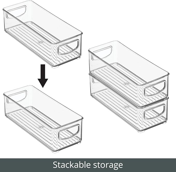 mDesign Plastic Stackable Small Organizing Bin Kitchen Pantry Cabinet, Refrigerator, Freezer Food Organization Storage Bins with Handles, Drawer Container Organizer, Ligne Collection, 4 Pack - Clear